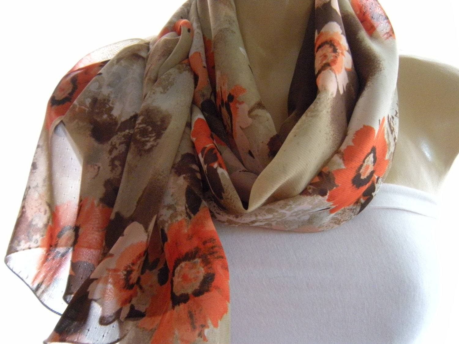 Earthy colors..Pretty floral...Chiffon scarf...Summer scarf....Parisian Neck Tissu