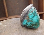 Big Feather, Tibetan Turquoise Ring with Sterling Feather, Size 7.5 ring, Large Turquoise Ring, One of a Kind