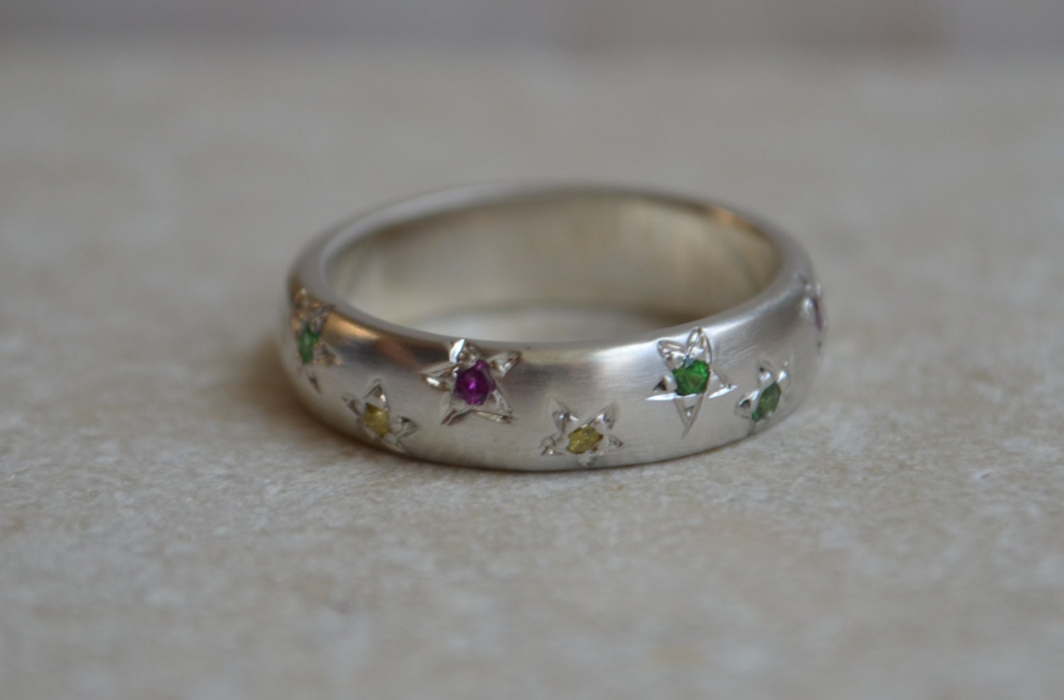 Argentium Silver Starburst Ring with Tsavorite, Pink Sapphire and Yellow Diamond