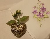 Vintage Embroidered Hankie and Silvertone heart vase/ pin, charming set, victorian, Sweet, Romantic, cottage decor, Mothers Day
