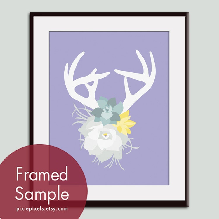 Deer Head Silhouette with Flowers (series A) 8x10 Art Print  (Assorted Colors) VIntage Modern Style (Customized Colors)