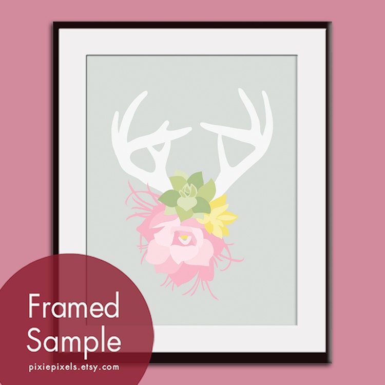 Deer Head Silhouette with Flowers (series A) 11x14 Art Print  (Assorted Colors) VIntage Modern Style (Customized Colors)