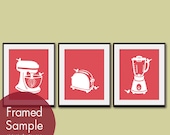 Birds in a Kitchen (Mixer, Toaster, Blender) (C) - Set of 3 8x10 Art Print (Featured in Ruby Red) Personalize Colors