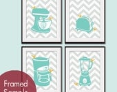 Birds in a Kitchen with Chevron Series (B) - Set of 4 11x14 Art Print (Tiffany Box and Beeswax with Soft Fog Grey Chevron) Customize Colors
