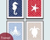 Marine Life Nautical Series (A) Set of 4 8x10 Art Prints (Featured Hotel Towel, Apple Red, Beach Blue and Champagen)