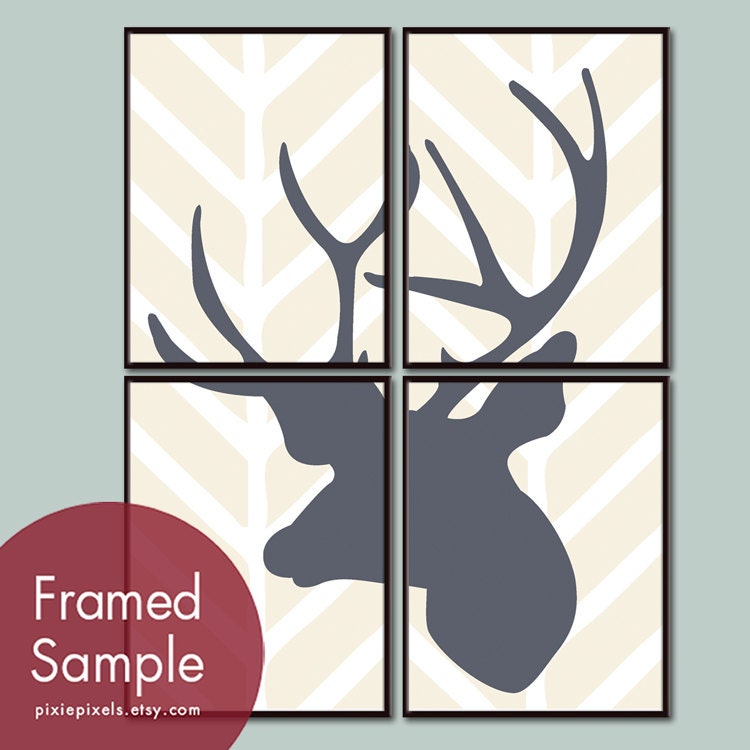 Deer Head Chevron Series C (Set of 4 8x10 Art Prints) (Featured in Cream and Charcoal) Vintage Modern Decor