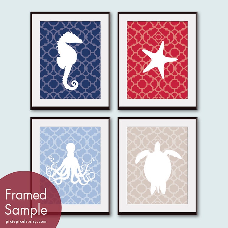 Marine Life Nautical Series (A) Set of 4 8x10 Art Prints (Featured Hotel Towel, Apple Red, Beach Blue and Champagen)