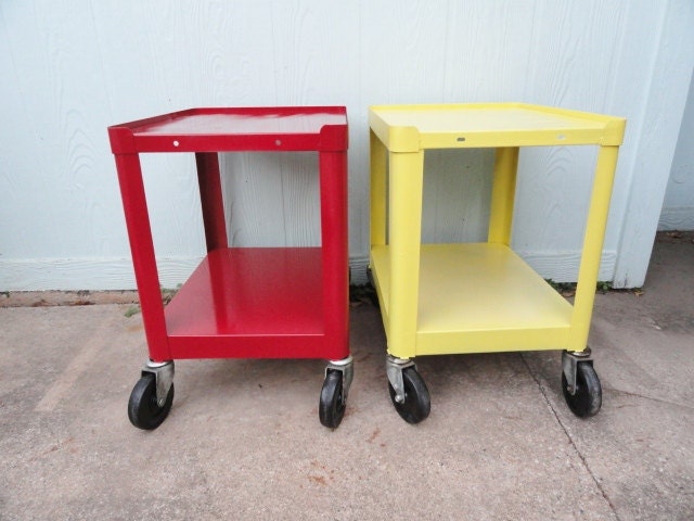 Vintage Industrial Cart End Table Side Table Rolling Metal with Casters Red