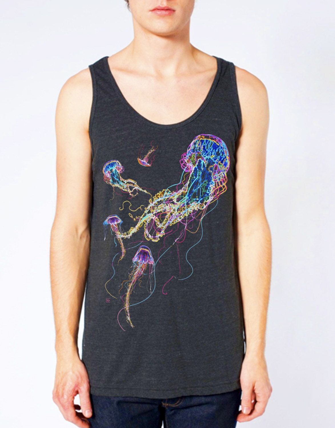 Jellyfish - Glowing printed by Chill Clothing printed on American Apparel Tri blend Tank in Heather Black