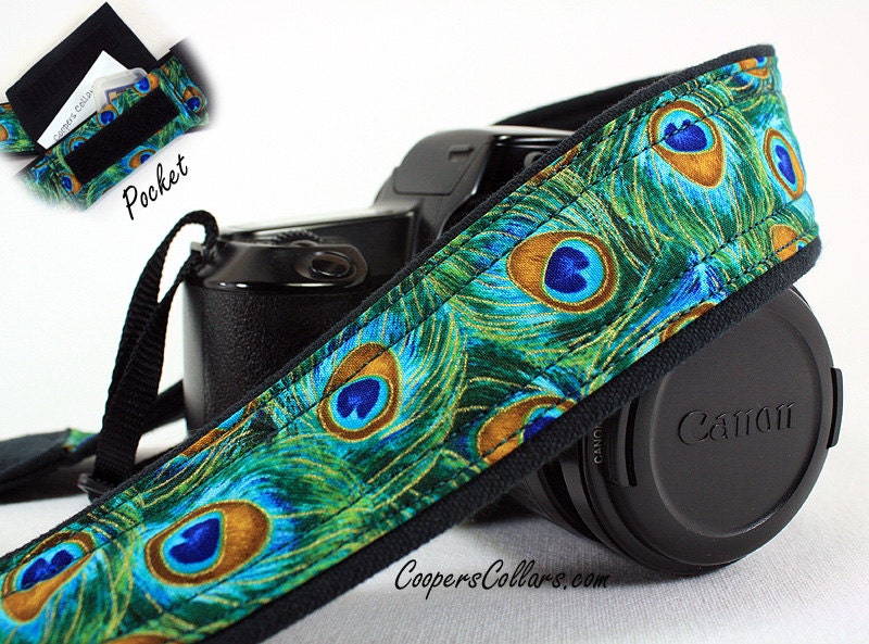 Peacock dSLR Camera Strap with Pocket, Feathers, Teal, Green, Aqua, Gold,  SLR