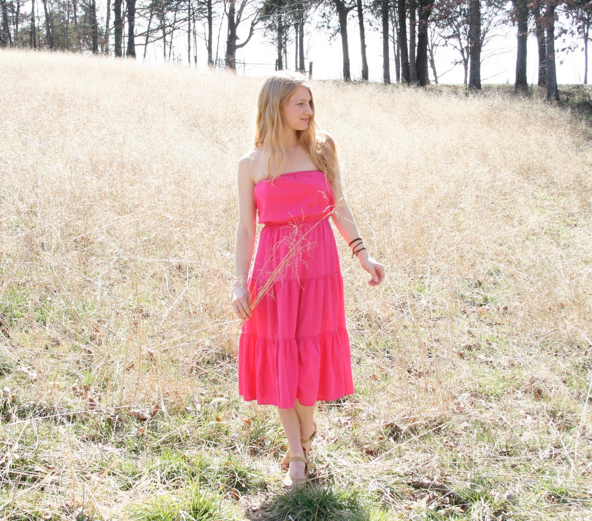 Vintage 70's Hippie Dress S M - - Strapless - Cotton - Three Tiered Skirt