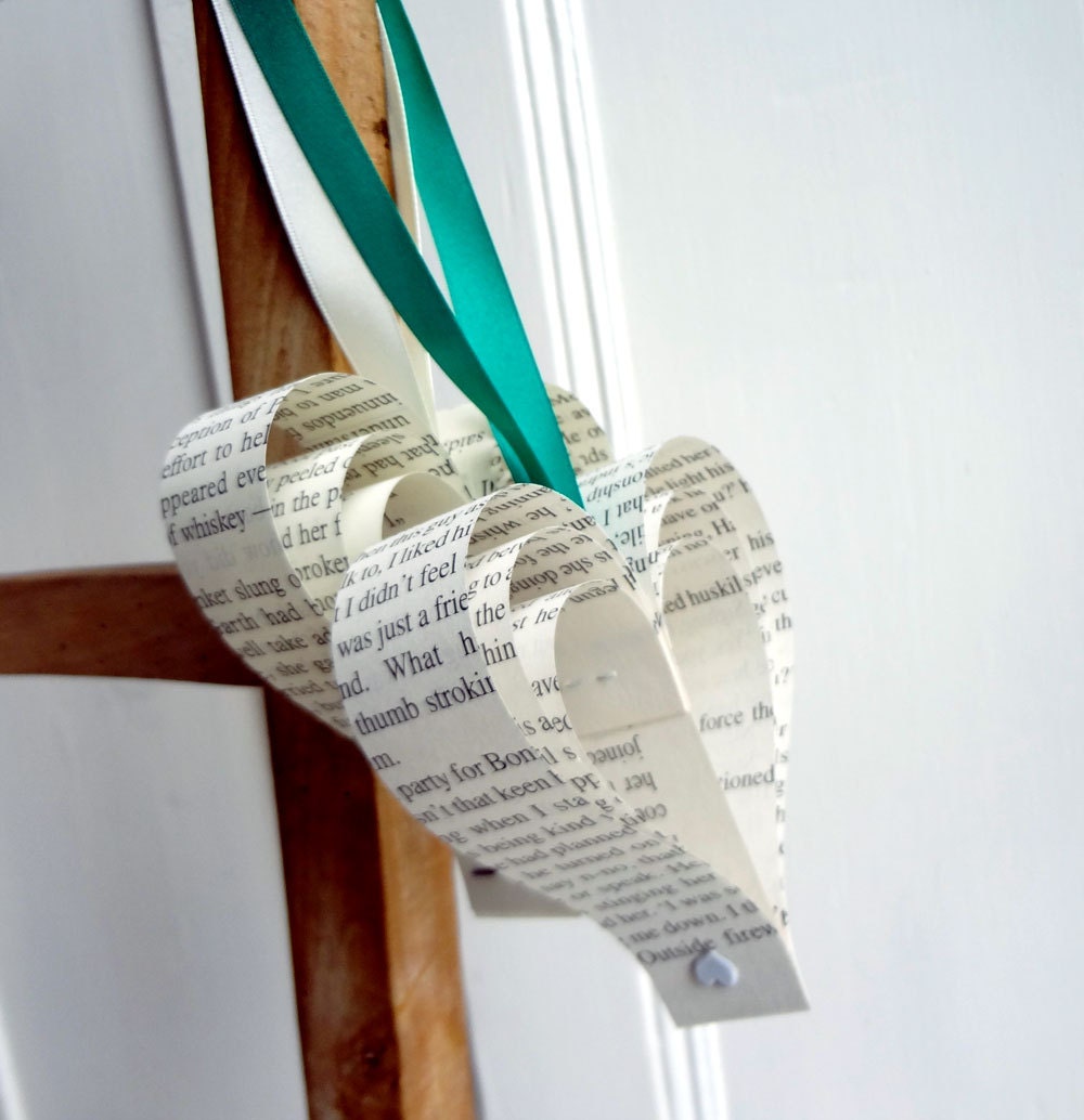 Wedding decoration x 10, Green White, Romantic Hearts, Paper Recycled Books - Bookity