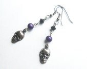 Skull earrings, Gothic jewelry, Purple, silver, and black