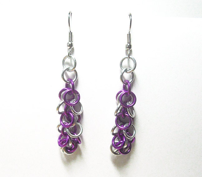 Chainmaille earrings, Shaggy Loops weave, Violet and silver, ON SALE
