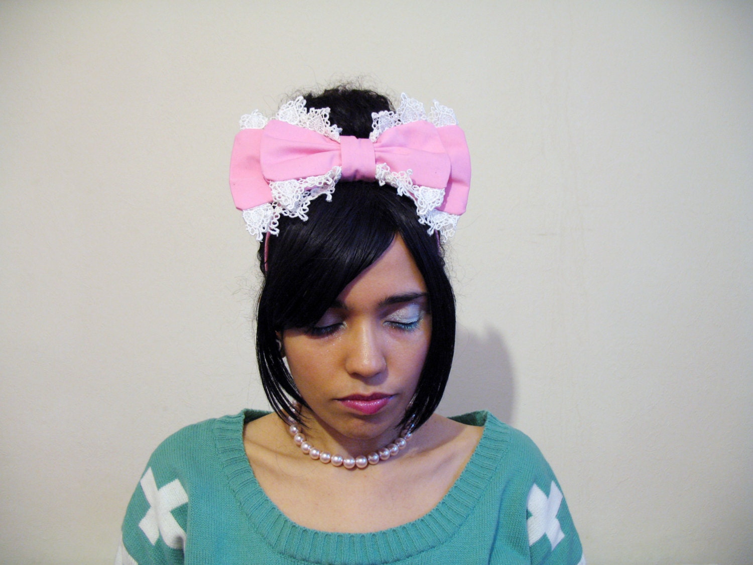 Pink Lolita Head Eating Bow on Alice Band with heart lace, guaranteed to blow your mind