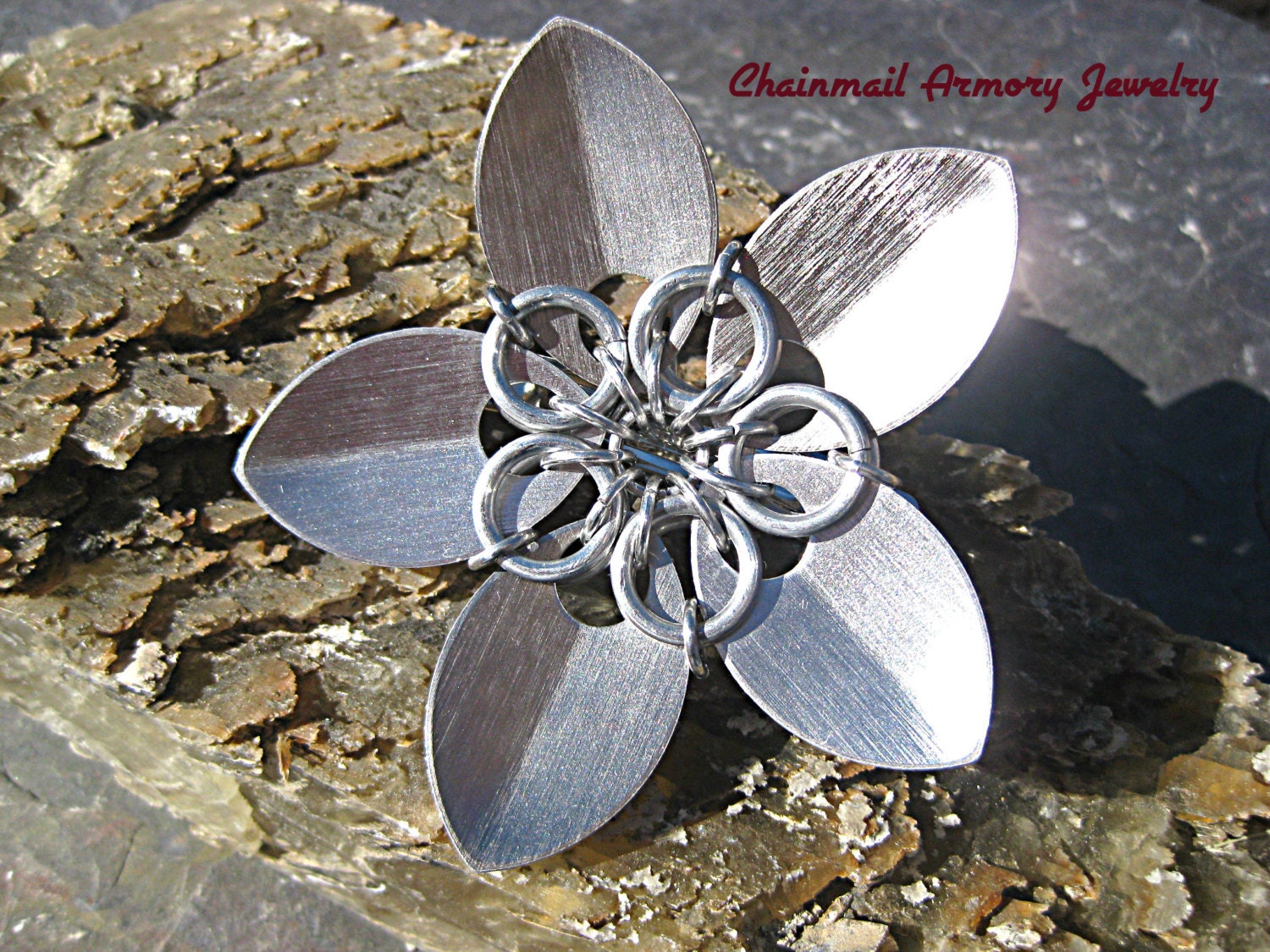 Barrette - Silver Scale Flower Barrette (brooch pin) - Silver Center