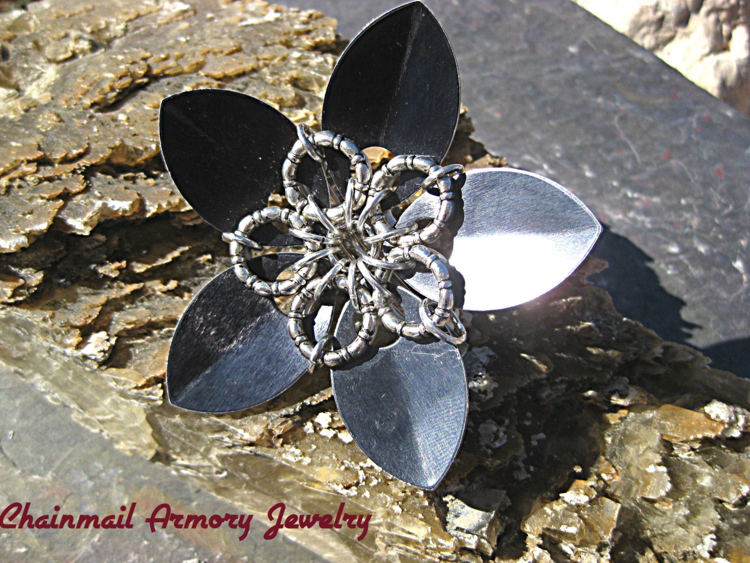 Barrette - Black Scale Flower Barrette (brooch pin) - Silver Center