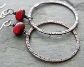 Red Copper Earrings Sterling Silver Earwire Copper Circle Link Red Picasso Czech Glass Artisan Mixed Metal Jewelry