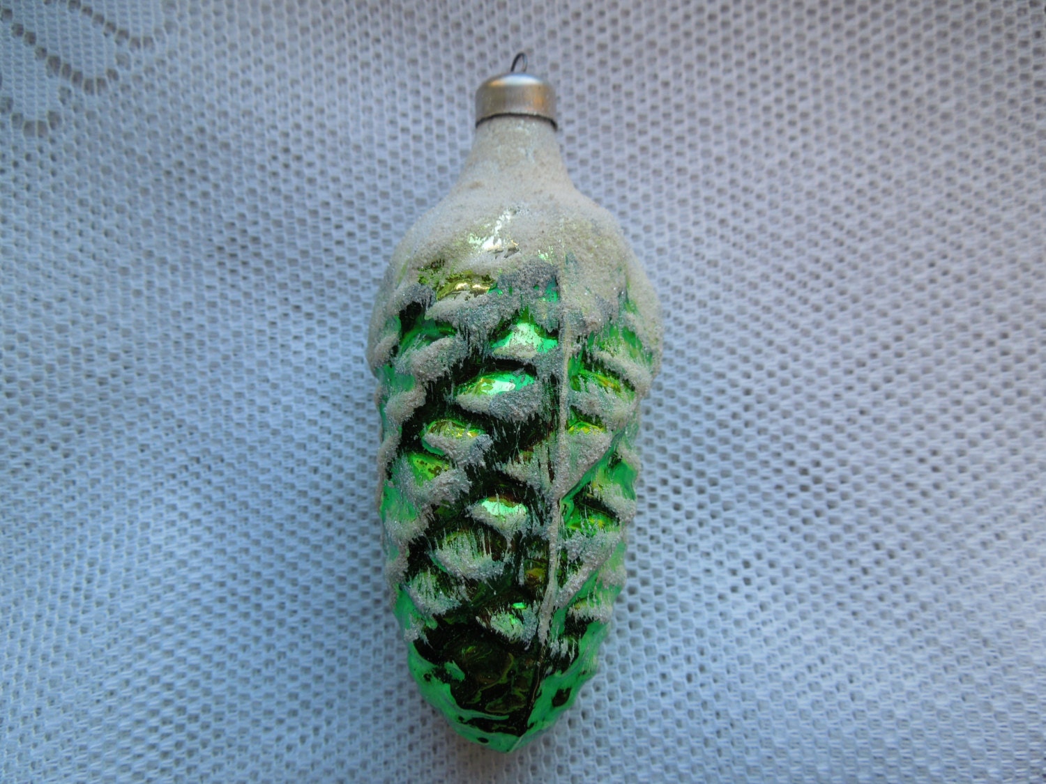 USSR glass Christmas tree ornament - cone decoration Russian painted green 1970s