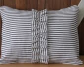Blue and white ticking pillow cover with centre ruffle 12"x16"