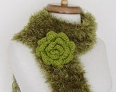Green Fringed Scarf Neckwarmer with flower brooch-Ready for shipping