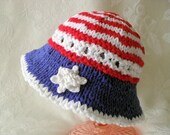 Hand Knitted Brimmed Baby Hat - Fourth of July-All Weather Knitted Baby Hat-Cotton  Baby Hat-Children Clothing- BRIMMED STARS and STRIPES