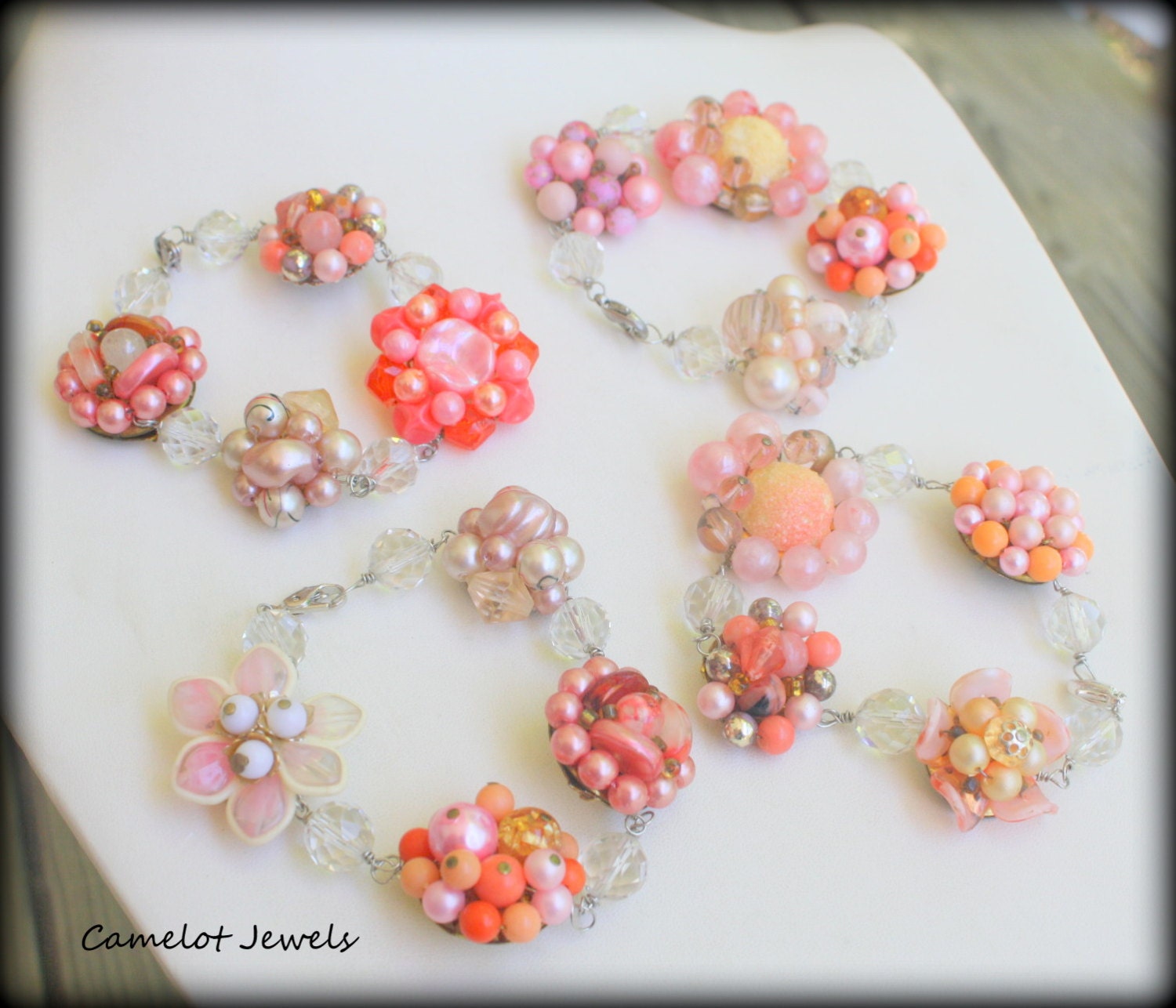 Beautiful Lot of 4 Peach and Blush VIntage Beaded Cluster Earring and Crystal Bridesmaids Bracelets Unique Wire Wrapped Design