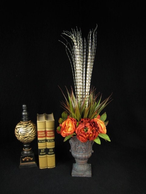 Zebra Grass and Cinnabar Peony Urn Floral Arrangement Centerpiece