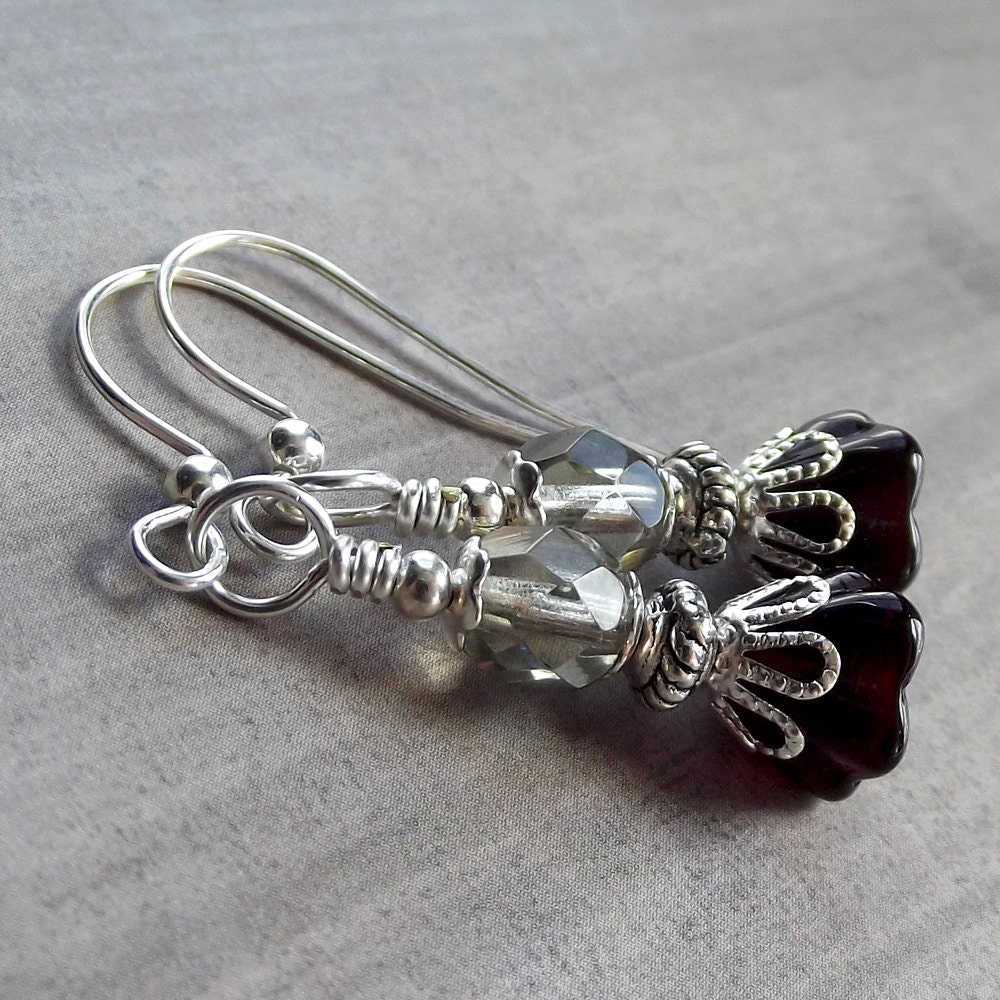 Handmade Earrings -Dark Garnet Flowers & Smoke Crystals