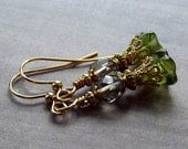 Handmade Earrings -Lime Green Flowers & Smoke Crystals