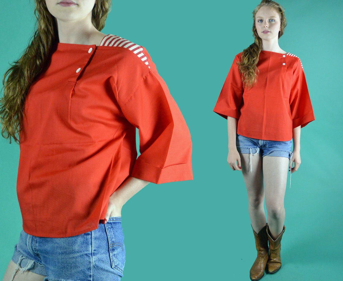 60s Vintage Nautical Top Blouse / Boxy Red Retro Sailor Shirt Square Neckline Bell Sleeves Blouse / 1960s Crop Top S / M