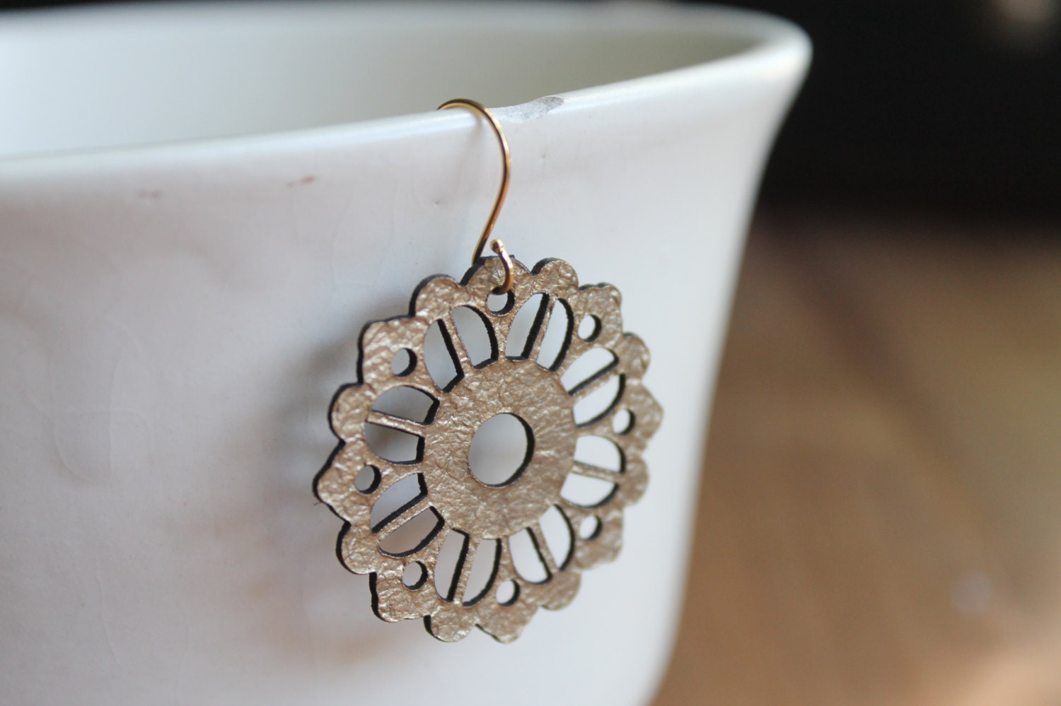 Brussels Bronze Gold Leather Lace Medallions on Gold Ear Wires - Hipster Doilies