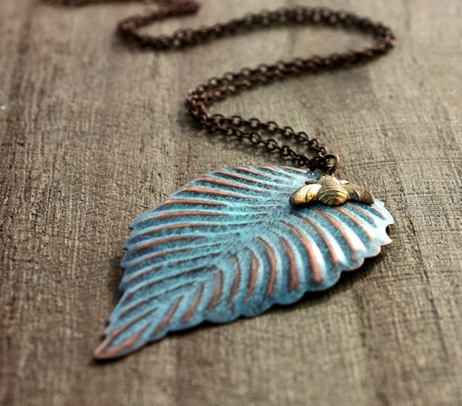 Necklace, Verdigris Leaf, Brass Bee, Copper Chain - MEADOW