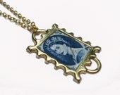 blue queen - vintage postage stamp necklace.