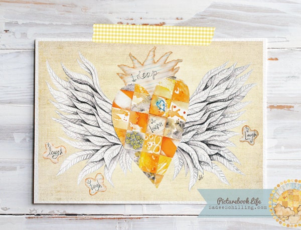 Yellow Patchwork Heart with Wings. Leap, Learn, Laugh. Watercolor Mixed Media Collage Folk Art Print. Non-Traditional Valentine.