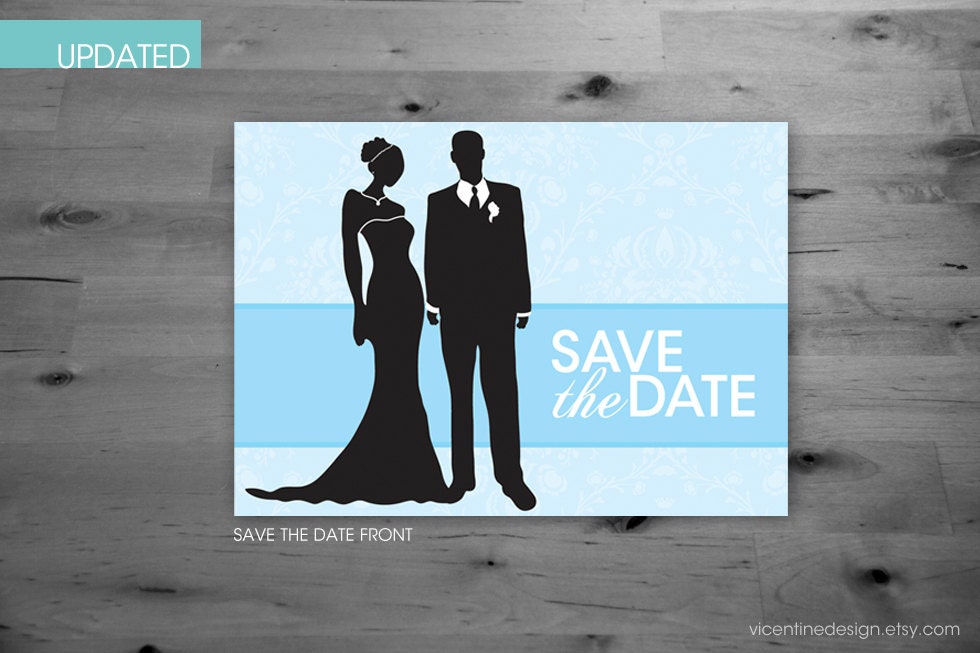 UPDATED - Save the Date Announcement - Bride & Groom Silhouette with Damask Background - Mad Men, 1950s, Vintage Wedding