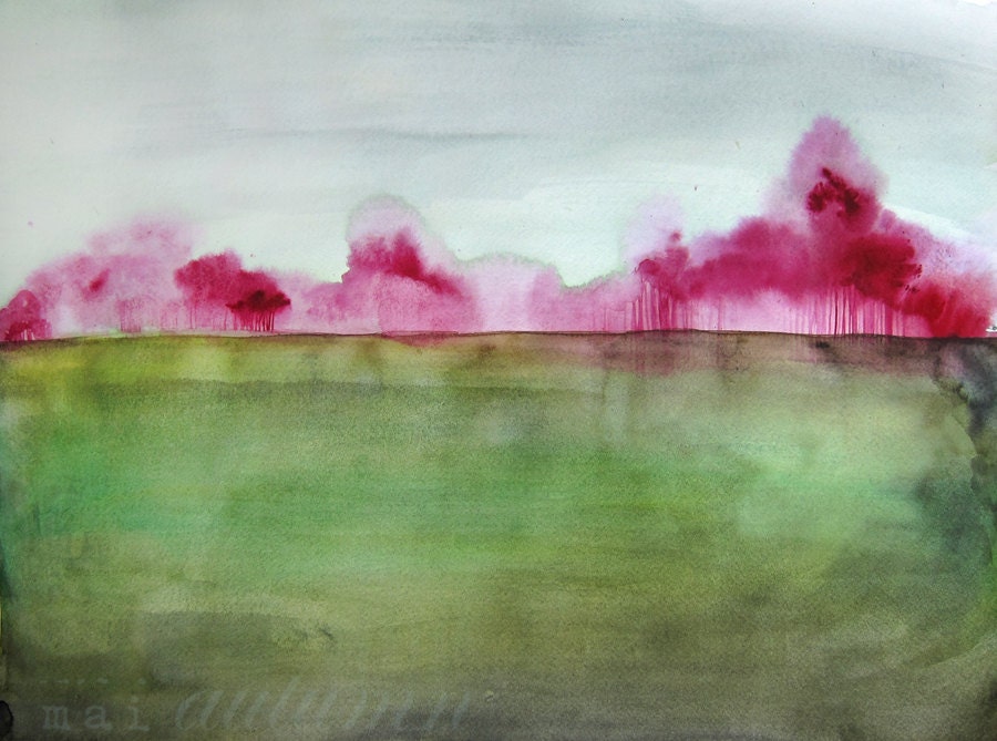 30% Off SALE - Watercolor Painting - Trees in Art - Landscape Painting Print - Grace - 8x10 Giclee Print - Country Field Magenta Green Blue