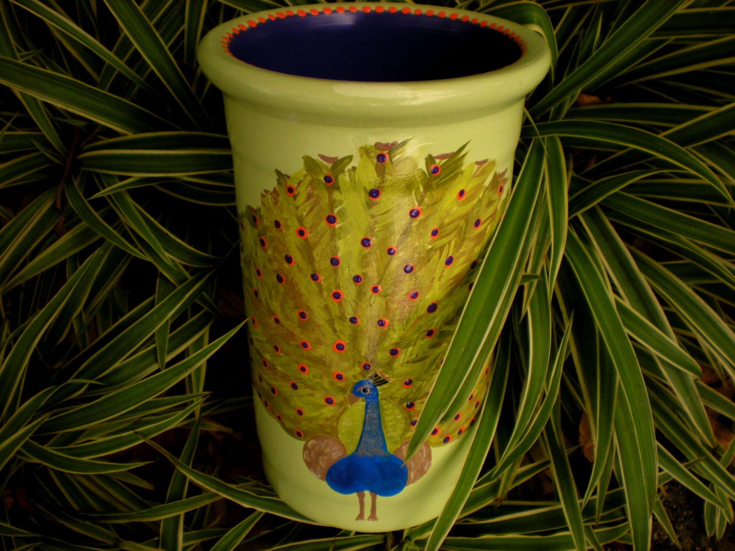 Vase with Peacock - Hand Painted in Green, Purple and Orange