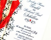 Vintage Modern Damask Wedding Program With Ribbon - Red Black White - The Jenley Collection - By My Lady Dye