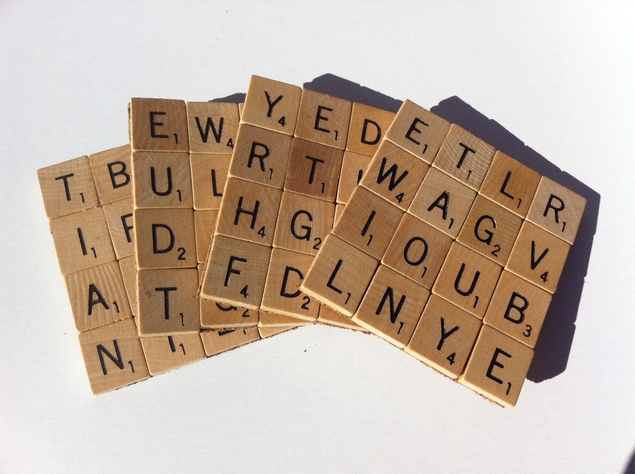 Wood Scrabble coasters. Set of 4. Cork bottom. Handmade from vintage game tile pieces.