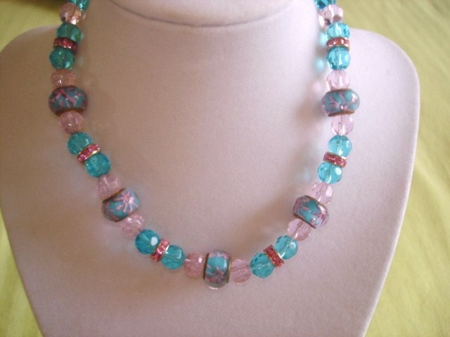 Multi Color Glass Crystal Rhinestone  Flower  Beads Jewelry Necklace 20" Gold Tone  Clasp. KL Design