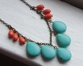 Coral and Turquoise Bib Necklace. Statement Necklace. Teardrop Bib Necklace. Turqoise Jewelry. Coral and Mint. Bridesmaid Necklace