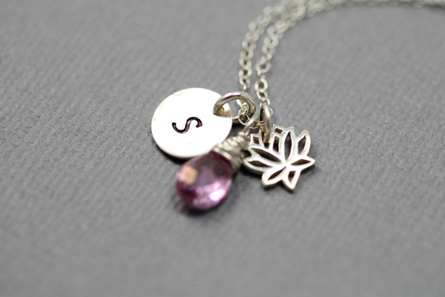 Handstamped Initial Necklace with Personalzed Gemstone Initial and Lotus Charm - Sterling Silver Necklace Also Available in Gold