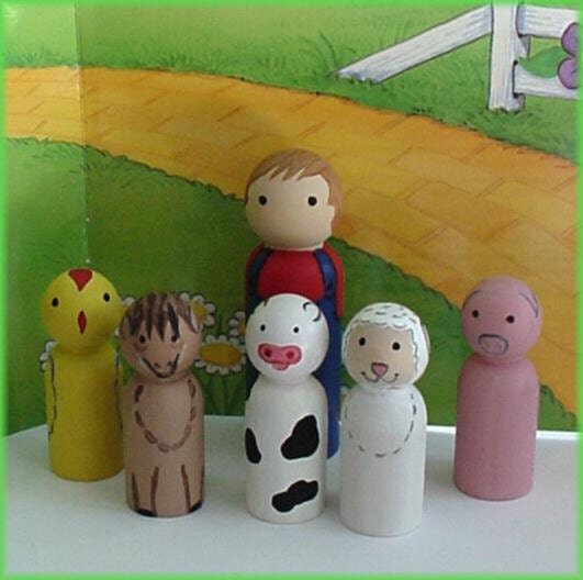 Young Farmer with Cow Chick Pig Sheep Horse Spring Peg Dolls - Wooden Toy Little People