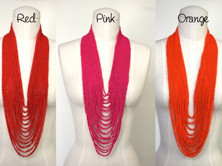 Long Strand Beaded Necklace Layered Draped Colorful All Colors Available Red Pink Orange Yellow Green Navy Black