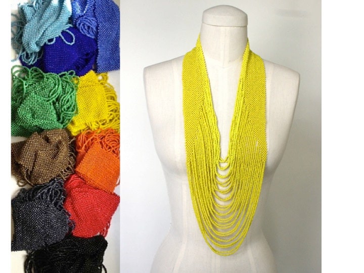 Beaded Layered Long Opera Necklace Bright Rainbow Colors Solid Statement Necklace Summer, All Colors Available
