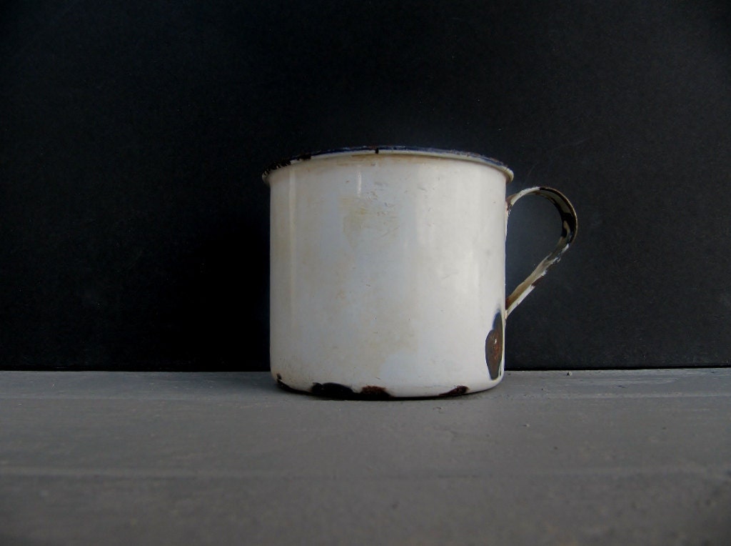Vintage Chippy Black and White Enamelware Cup