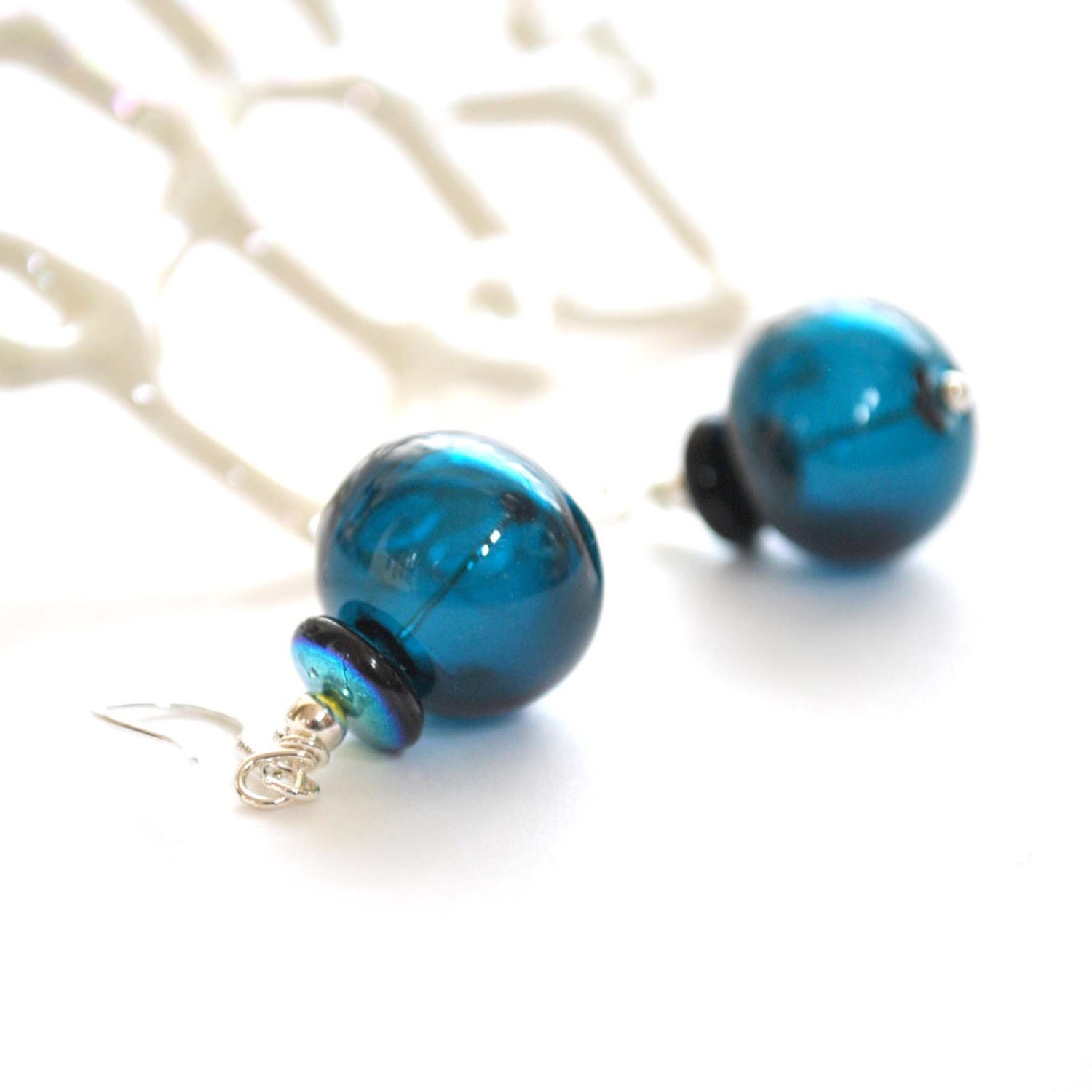 Dark Blue Glass Earrings - Hollow Light Weight Dangle - Sterling Silver Ear Wires - bstrung