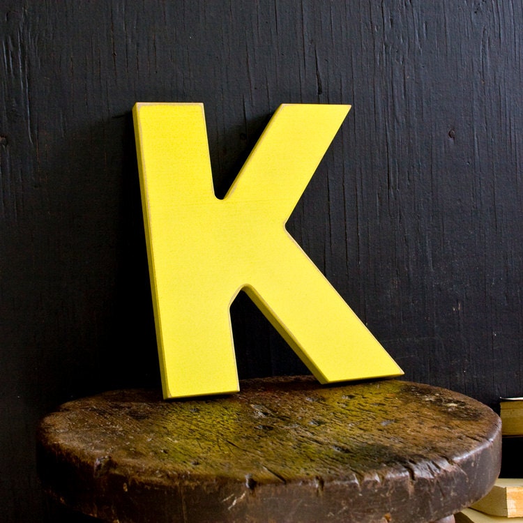 Mid Century Architectural Style Yellow Wood K Letter Distressed Wall Decor