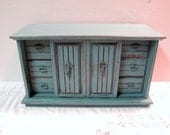 Large Wood Jewelry box/  16" wide Jewelry Chest, Gift, Distressed,  Handfinished in Florence /Aqua